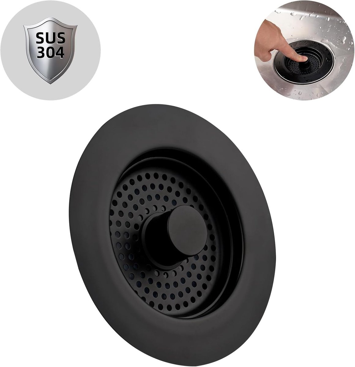 Keukensinkafvoer Stopper en Zeef Combinatie, RVS Anti-Verstopping Plug, Voorkomt Geurtjes, Diepte > 22mm, Zwart, Ideaal voor Keuken en Badkamer