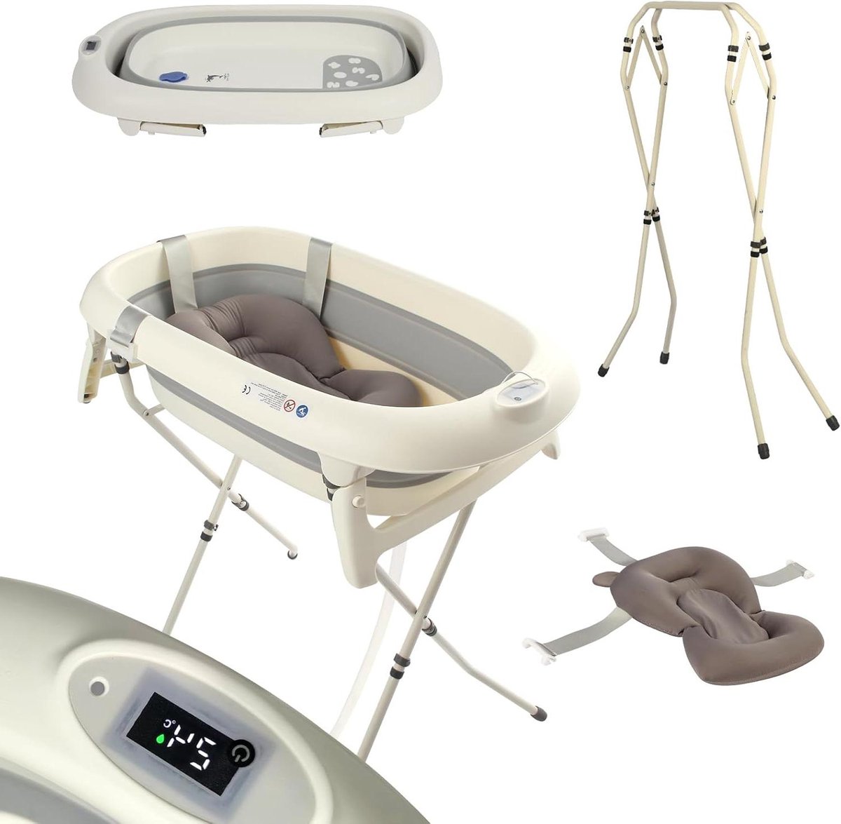 Opvouwbaar babybad - Babybadje met standaard - Veilig badderen - Inclusief thermometer - 49 x 85 cm - Grijs
