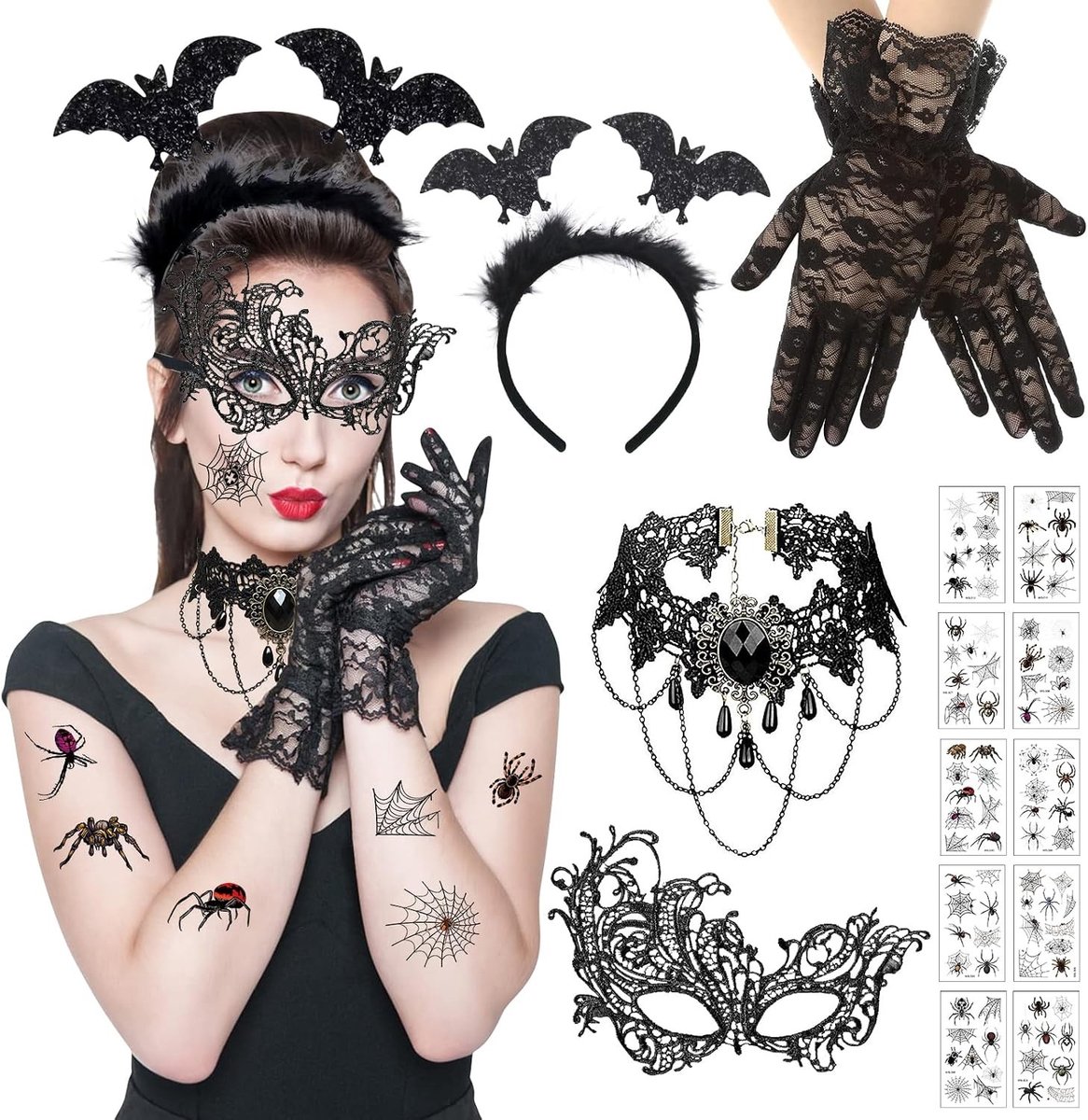 Halloween Kostuum Accessoires voor Vrouwen - Venetiaans Masker, Gothic Sieraden, Sexy Kanten Handschoenen en Hoofdband voor Carnaval en Maskerade