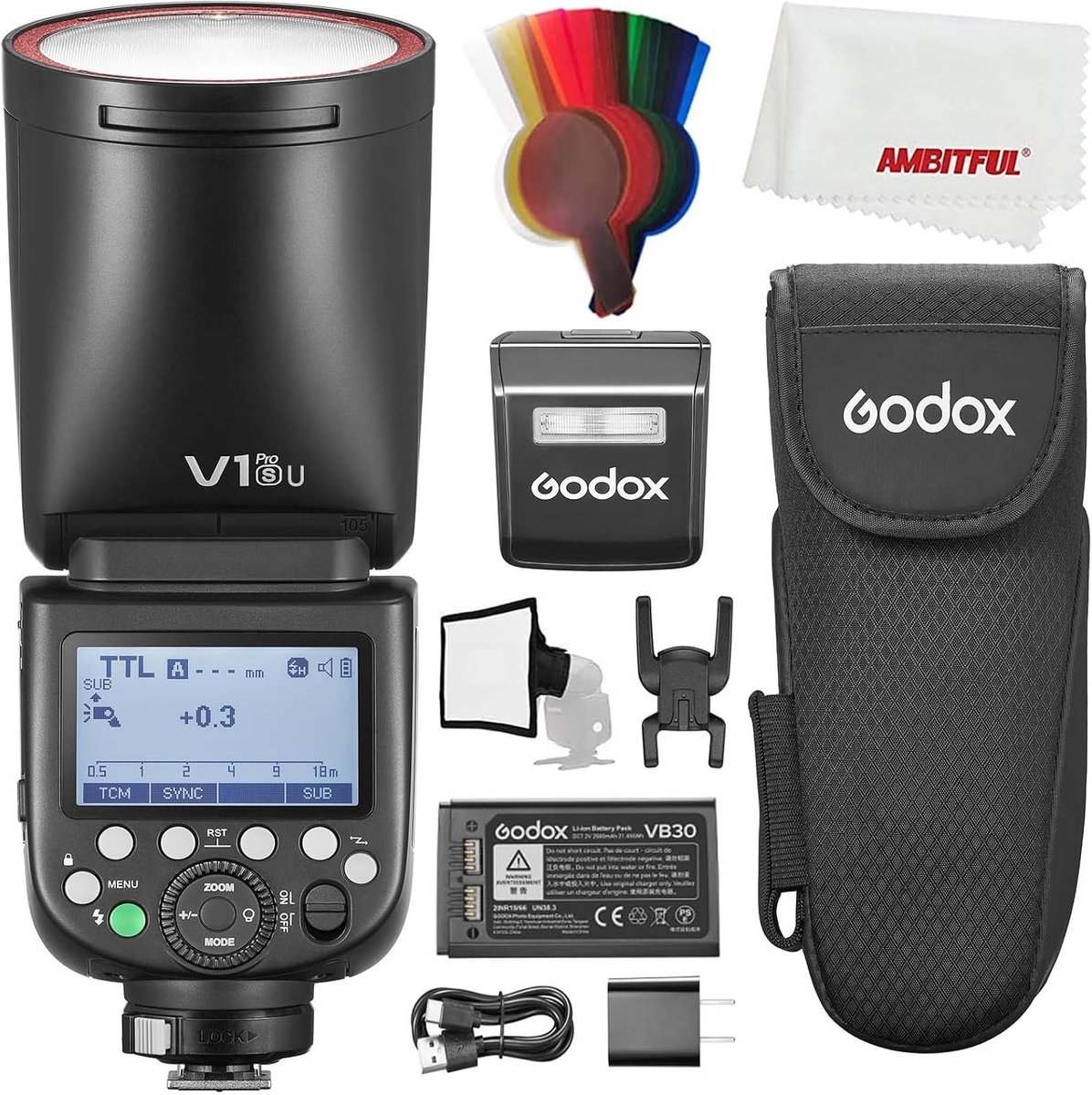 TTL Ronde Kop Flits voor Sony Camera met 76Ws HSS, Ingebouwde Lithium Accu en LED Modellicht