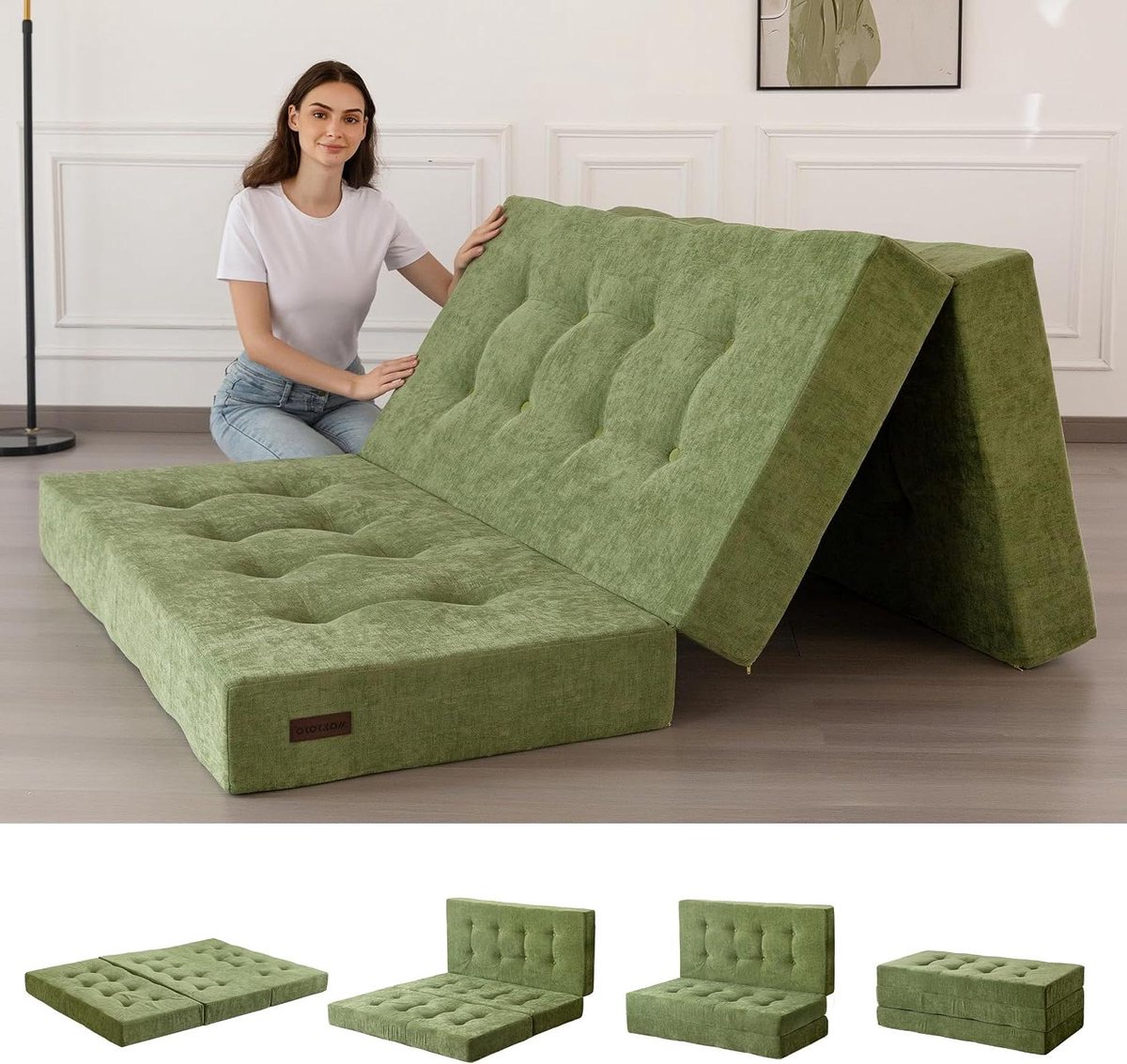 Opvouwbaar Matras - Slaapbank Futon - Gastvrij Ontvangen - Drievoudig Opvouwbaar - 15 cm Dik - Lichtgroen