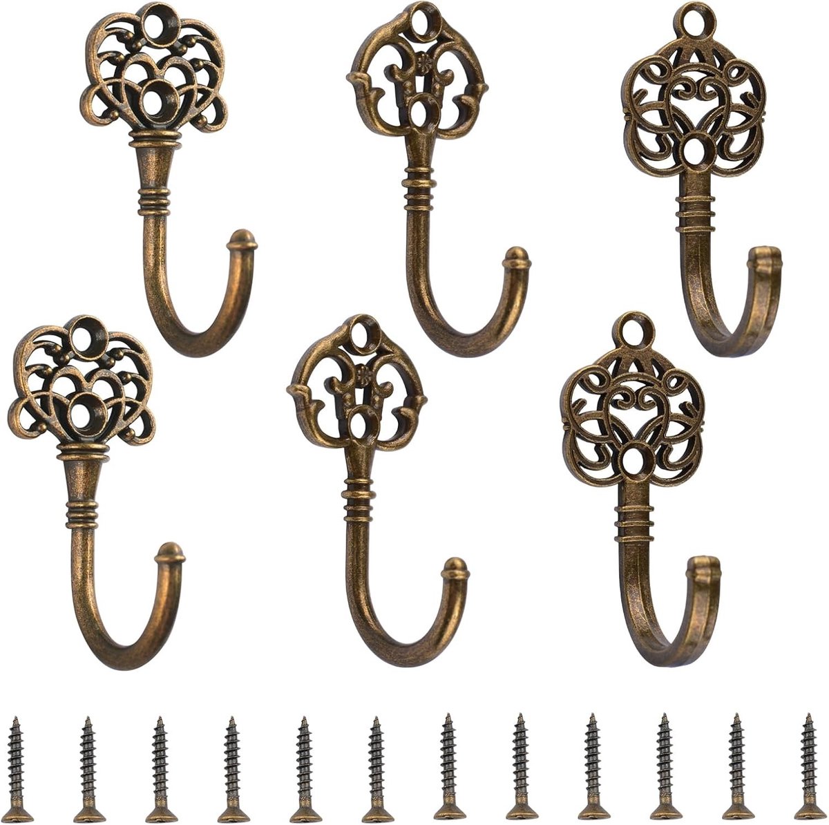 6 Stuks Vintage Metalen Haak Set voor Wandmontage, Antiek Brons Afwerking voor Keuken, Badkamer en Garage Decoratie