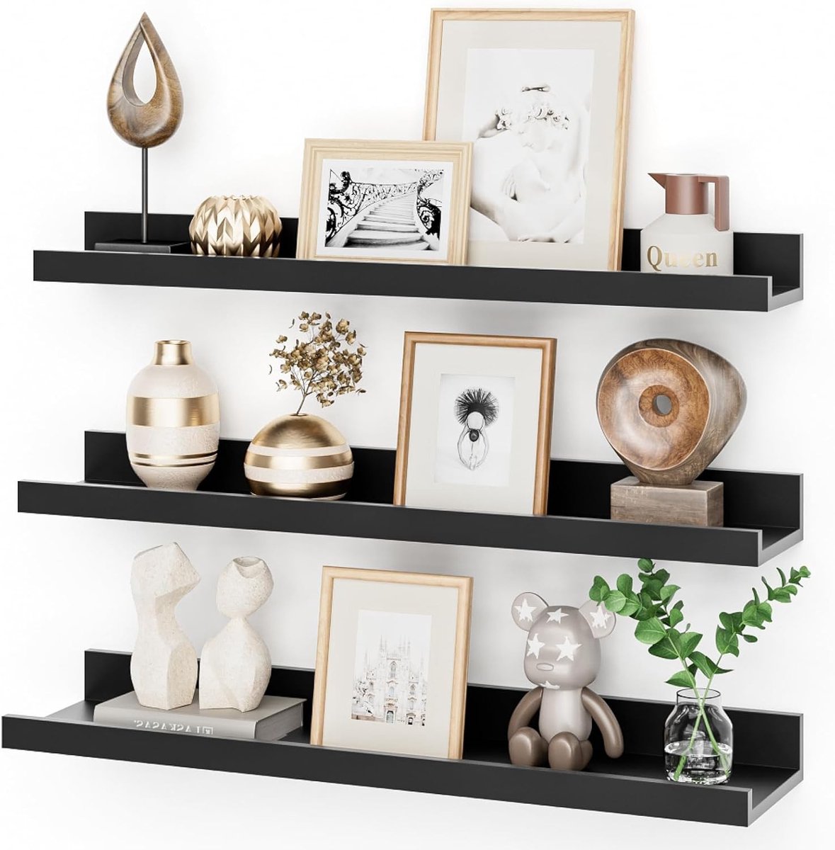 Wandplank 60 cm, Zwarte Zwevende Plank van MDF, Set van 3, Ideaal voor Foto's, Decoraties en Opbergruimte in Woonkamer, Slaapkamer, Keuken en Kantoor