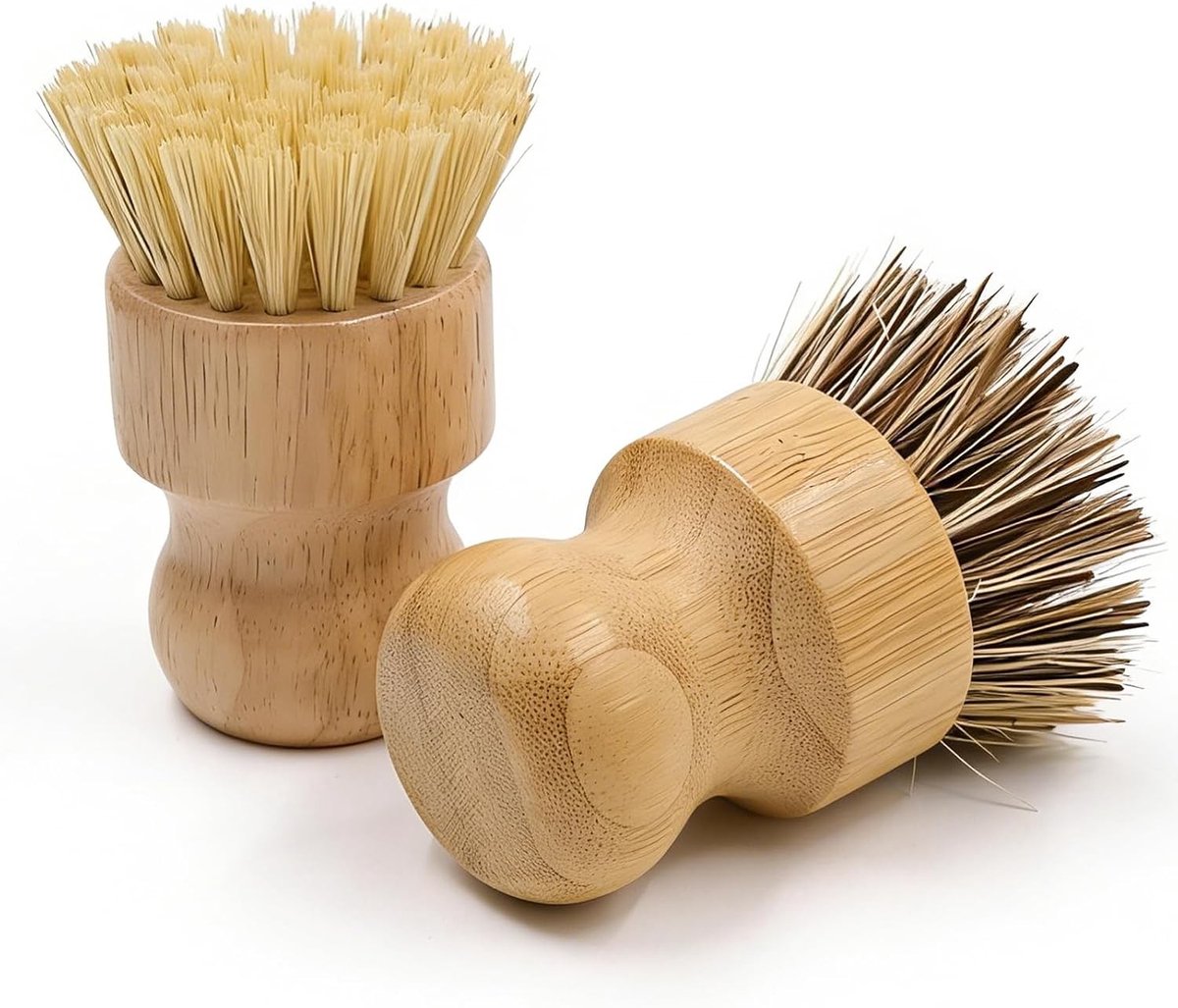 Set van 2 Houten Afwasborstels met Handvat, Ronde Borstels voor Keuken, Potten, Groenten en Aardappelen, Natuurlijke Haren, 8 x 4 cm