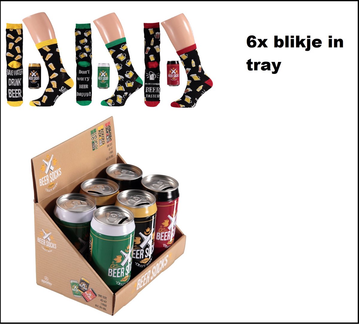 Tray met 6 blikjes - 6x Biersokken verpakt in bierblikje - Oktoberfest bierfeest fun