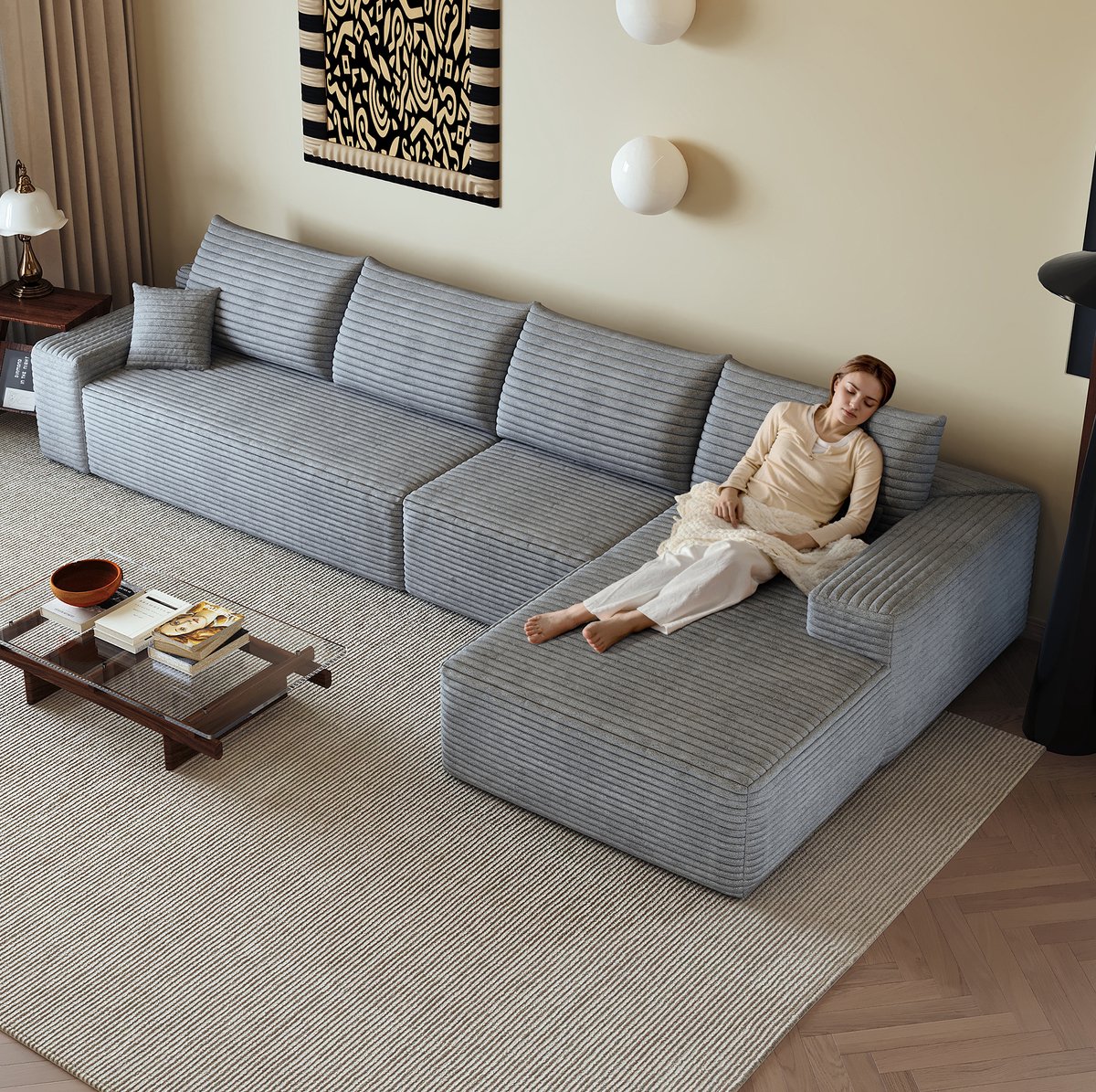 MODENUIT Hoekbank 340 cm - Modulair Met L-Vormige Chaiselongue - Voor Woonkamer En Appartement - Stof Grijs