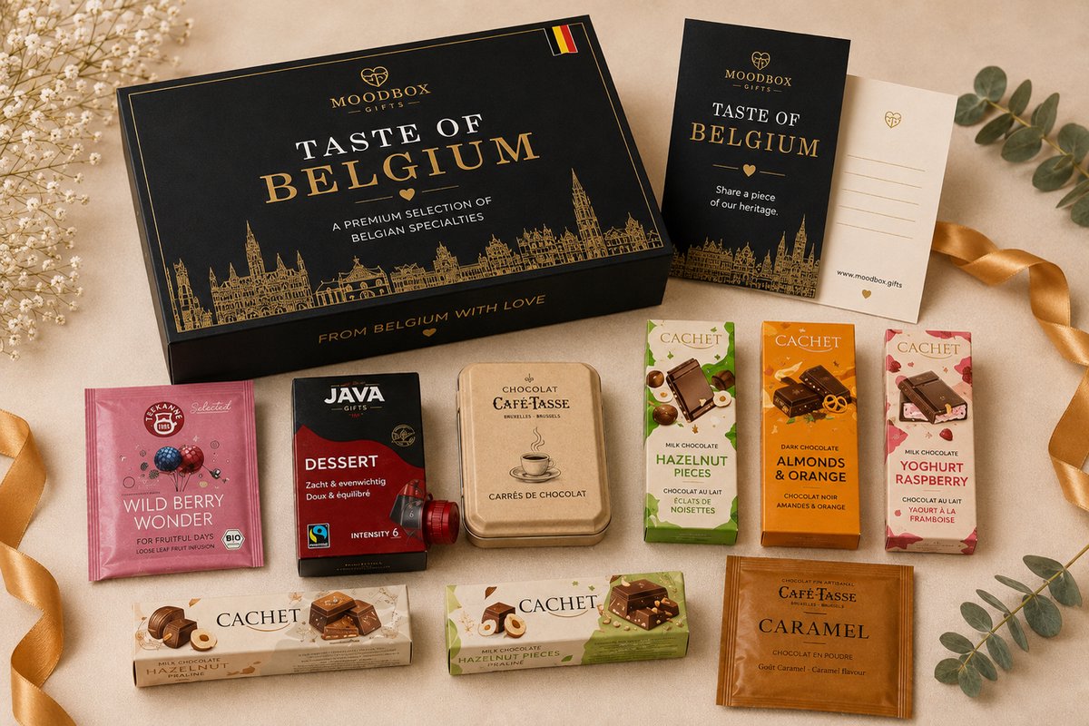 Luxe cadeaubox met Belgische lekkernijen – Chocolade, koffie & thee – Gepersonaliseerde wenskaart – Moodbox Gifts – Taste of Belgium Box Select