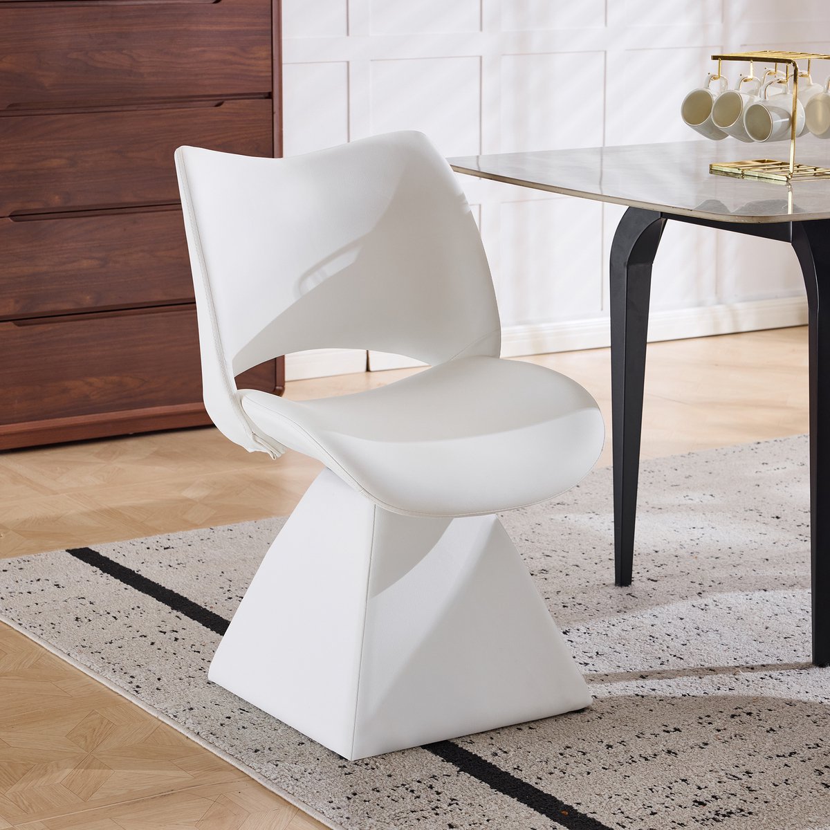 Wishdor Draaibare eetkamerstoel - Kuipstoel met hoge rugleuning en opengewerkt design - Kunstleer - Designstoel - Wit - 48 x 54 x 82 cm - Zonder armleuningen