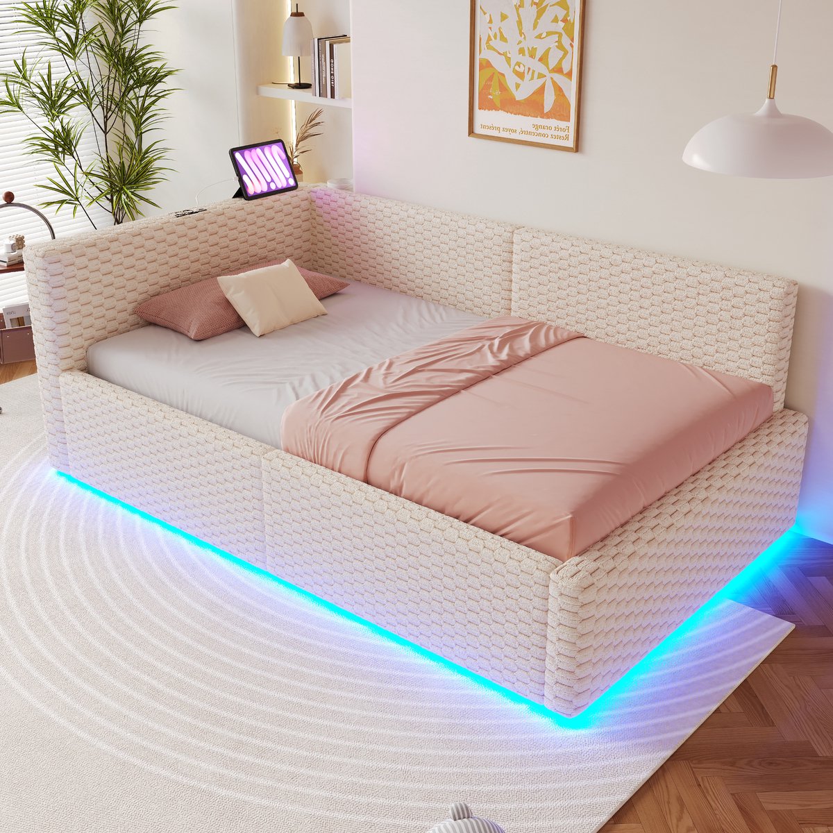 Wishdor Eenpersoonsbed 90x200 cm - Led verlichting - Hydraulische opbergruimte - Fluwelen stof - L-vormige rugleuning - Beige - Zonder matras
