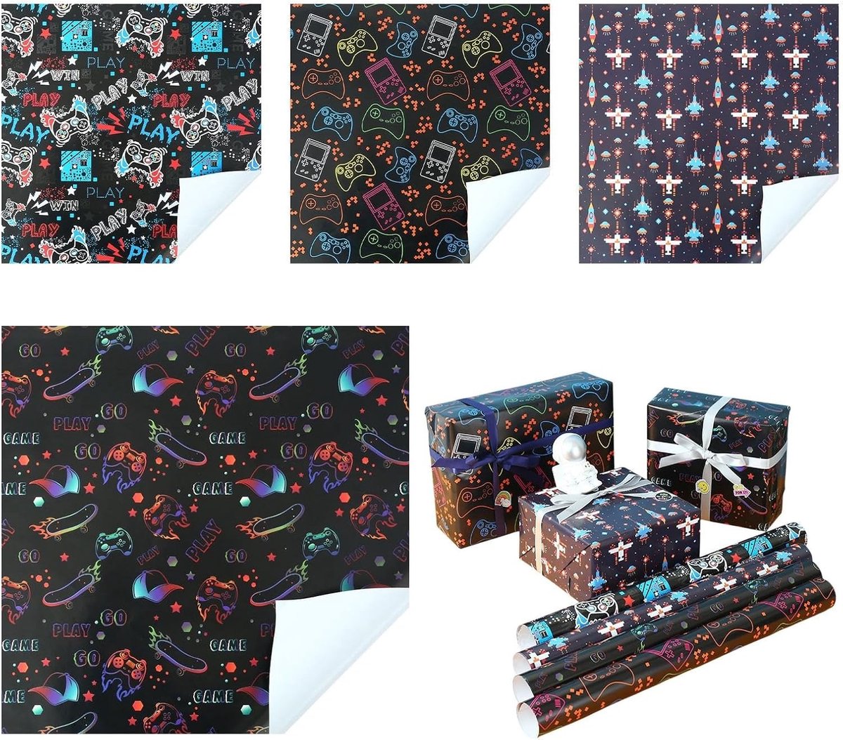 Creatief Cadeaupapier voor Spellen, Zwart Gaming Inpakpapier, Verjaardagscadeau voor Jongens, Kinderen en Vrienden, 50 x 70 cm per Vel