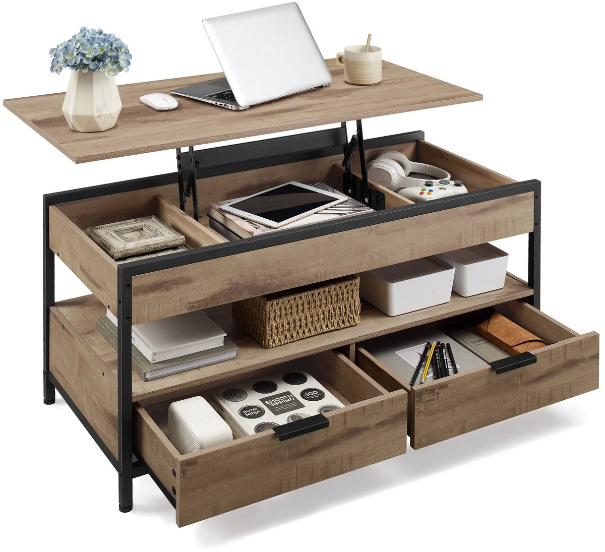 Vasagle Salontafel - Verstelbaar - 2 Laden - 3 Opbergvakken - Bureau - Industriële Woonkamertafel met Opbergruimte - 50 x 120 cm