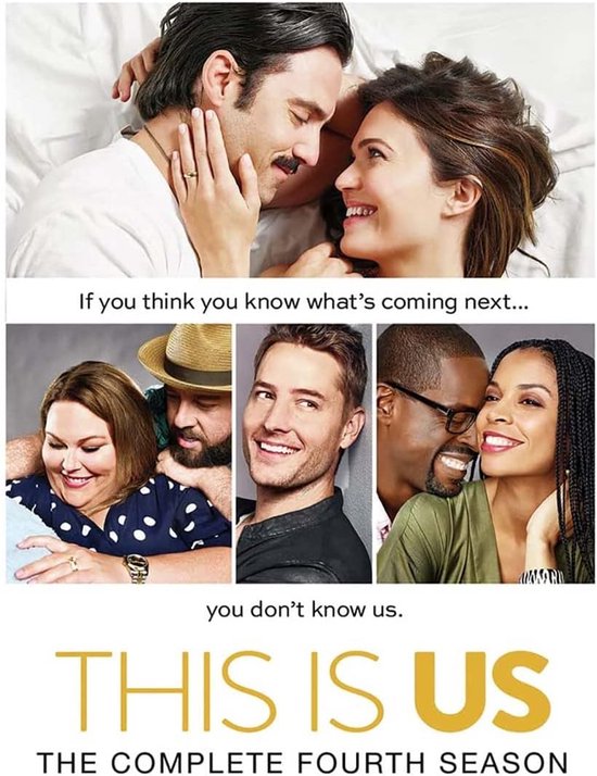 Promotionele poster voor 'This Is Us: De Complete Vierde Seizoen' met acteurs in close-up shots. Tekst: 'Als je denkt dat je weet wat er komt... dan ken je ons niet.'