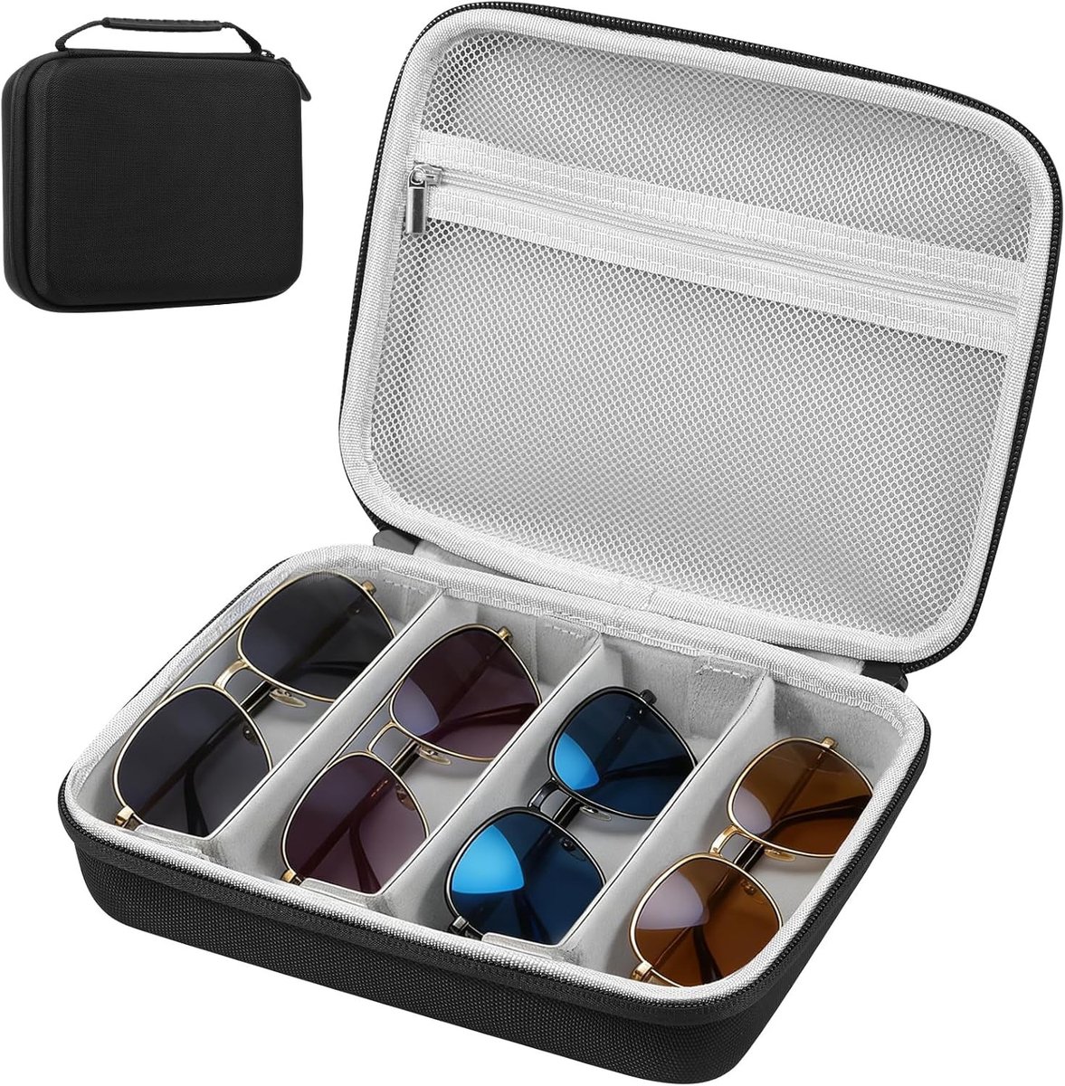 Draagbare Hard Case voor 4 Brillen met Verstelbare Vakken en Mesh Pocket voor Reizen, Zonnebrillen en Sieradenopslag