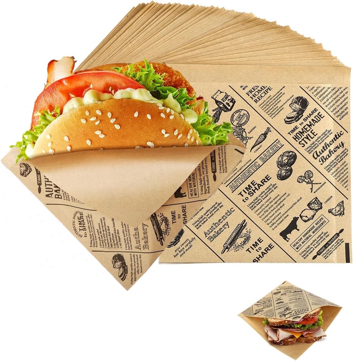Dik Vettig Voedselveilig Inpakpapier, 100 Stuks Vetvrij Papier met Vintage Krantenontwerp, Ideaal voor Snacks, Brood en Feestjes (15 x 15 cm)