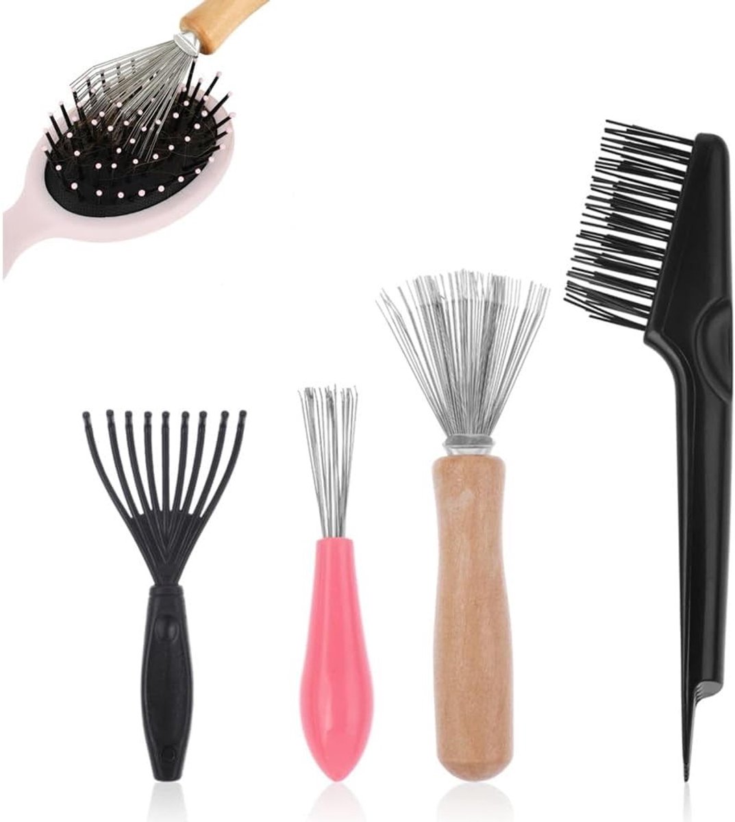 Set van 4 Mini Haarborstel Reinigers met Kam en Rake voor het Verwijderen van Haar, Stof en Vuil