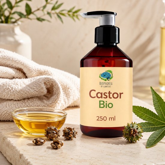 Bruine fles met pompdispenser, Biophorea Castor Bio 250 ml, met ricinusvruchten en olie