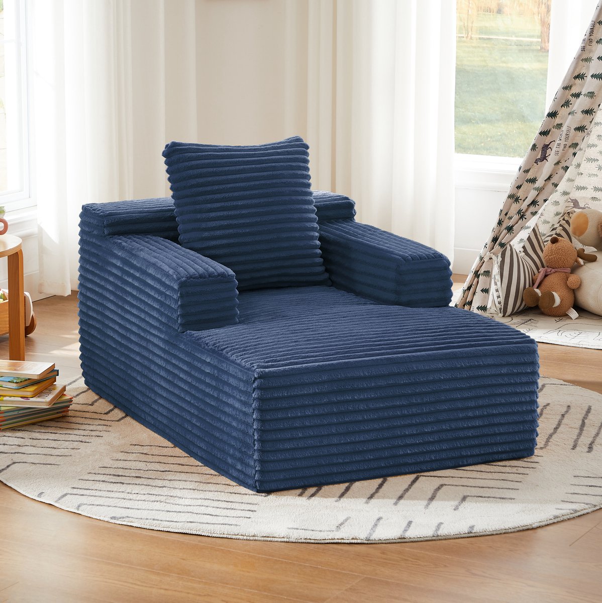 MODENUIT Chaise Longue 117 x 81 x 50 cm - 1-Zits Met Armleuning - Voor Woonkamer En Bureau - Ribstof Blauw