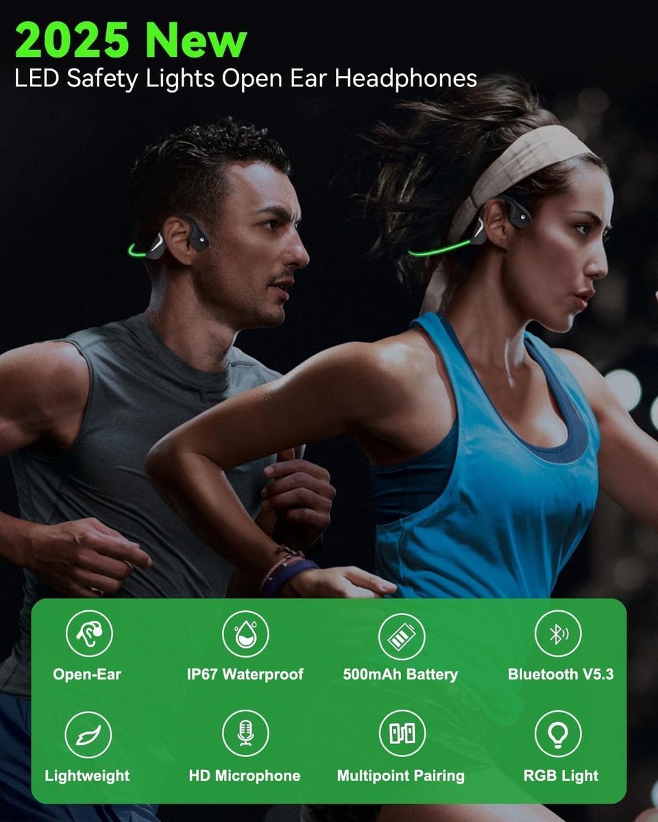 Koptelefoon met botgeleiding - Open oor - Veilig sporten - Slim licht - 20 uur speeltijd - Groen