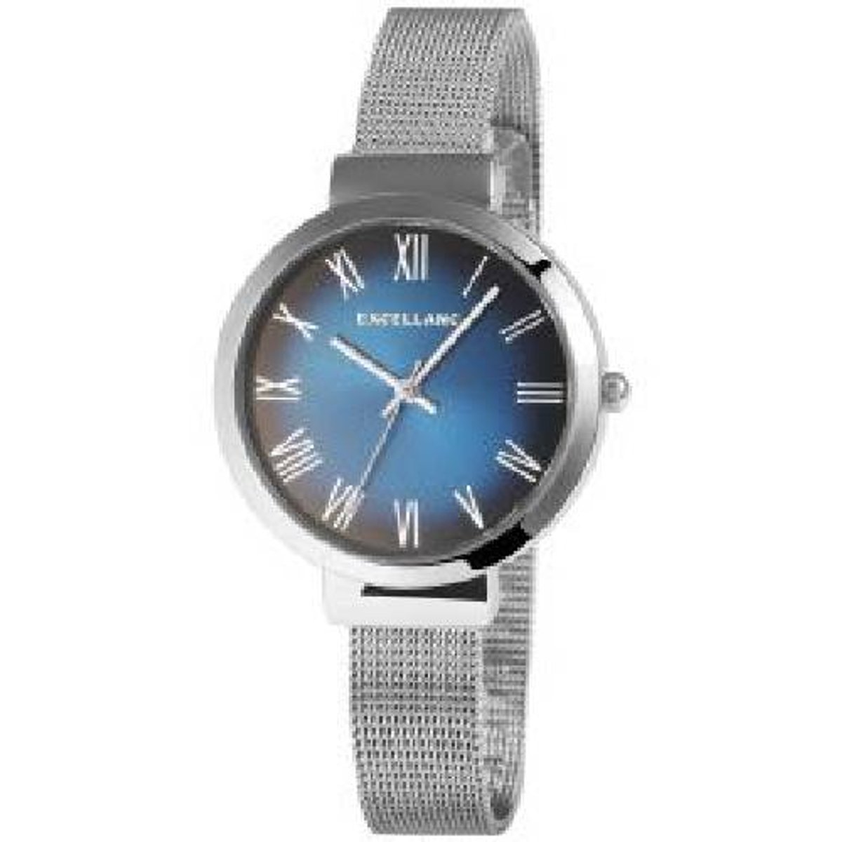 Excellanc-dameshorloge-Milanese band-verstelbare band-zilverkleurig-blauw-Romeinse cijfers-3 atm-diameter 34 mm