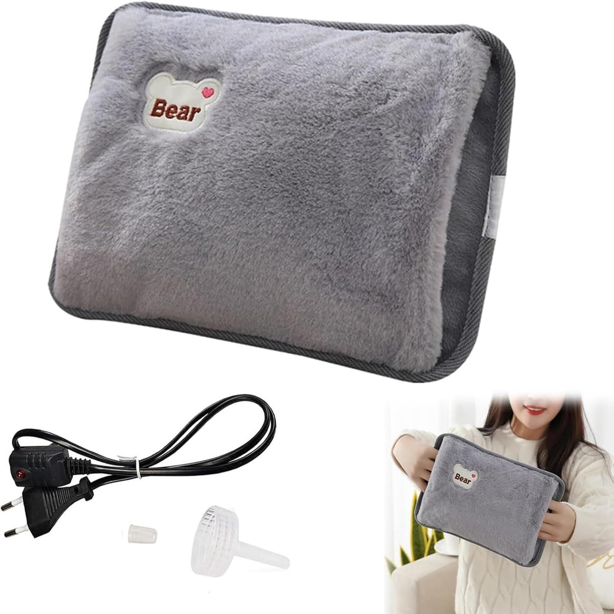 Elektrische warmwaterkruik - pluche handwarmer - grijs - voor pijnverlichting van rug en nek - ShopVlot
