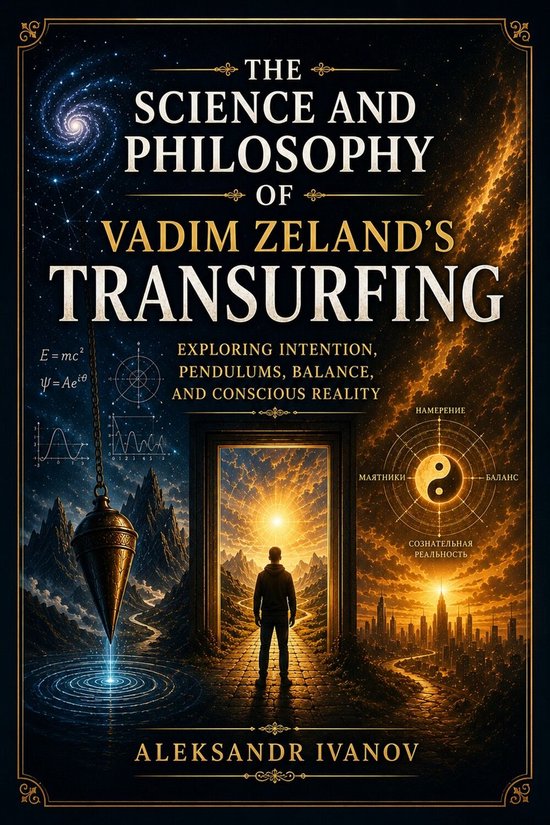 Boekomslag met de titel 'The Science and Philosophy of Vadim Zeland's Transurfing', met een man die naar een deur met licht kijkt, en symbolen.