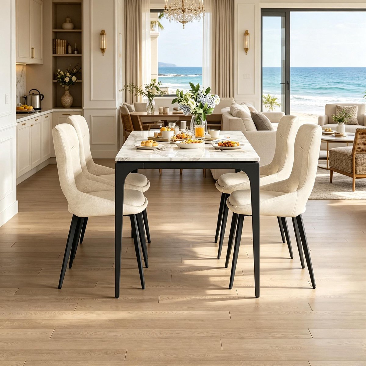 Welltin Eetkamerstoel - Set van 4 - Moderne Accentstoel - Woonkamerstoel - Gestoffeerde Stoel - Dressingstoel - Comfortabele Zitstoel - Stijlvolle Interieurstoel - Beige