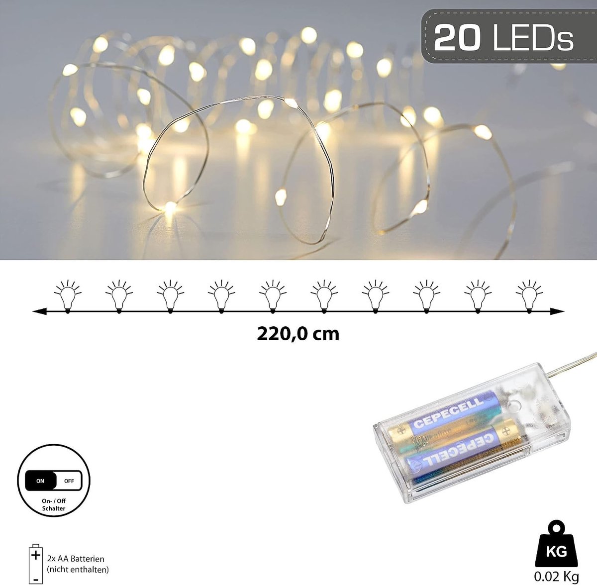 Micro Draad Lichtketting - Zilver - 220 cm - LED Verlichting met Warm Wit Licht - Voor Decoratie