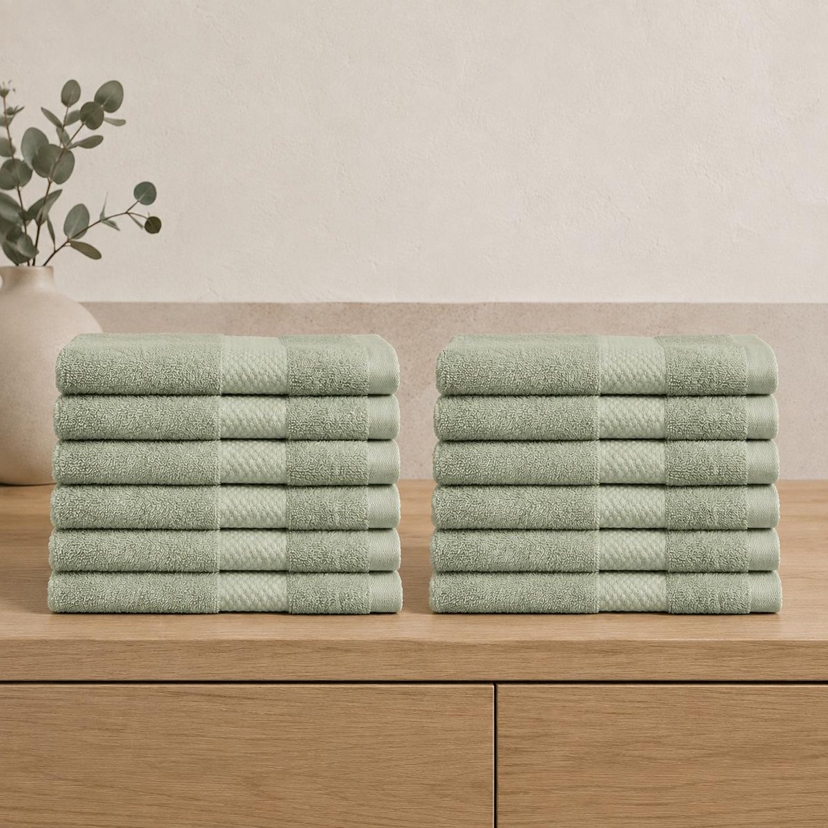The Linen Room Gastendoekjes – 30 x 30 cm – Set van 12 – 100% Katoen – 600 GSM Dubbelgetwijnd 20/2 Garen – OEKO-TEX® – Zacht & Absorberend – Saliegroen