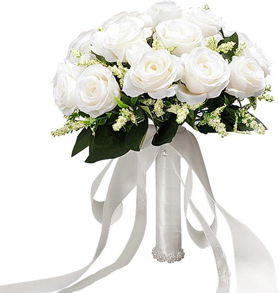 Bruidsboeket van Kunstrozen - Wit - 25 x 25 cm - Vintage Bruidsbloemen met Parelversiering - Voor Bruid en Bruidsmeisjes
