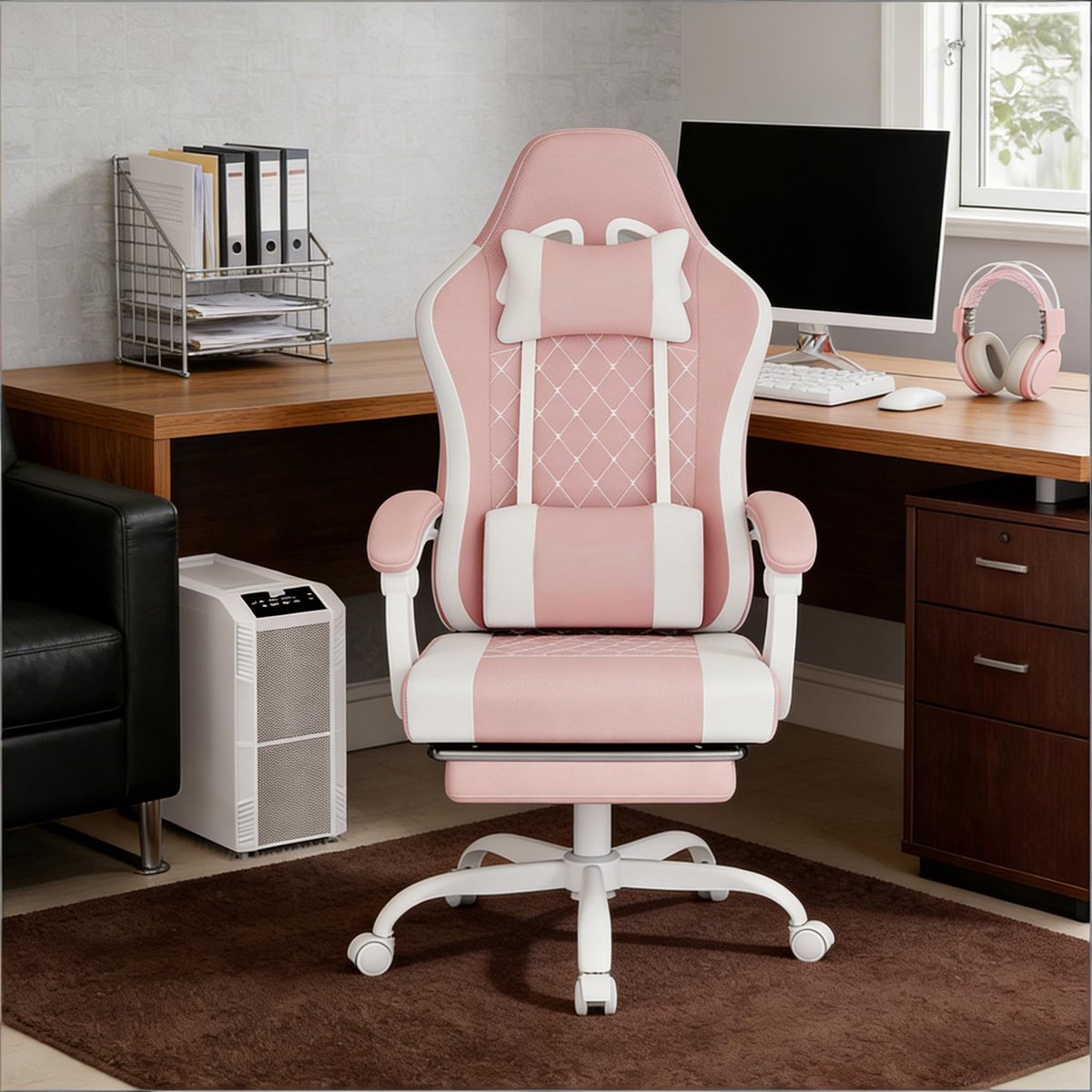 Wishdor Ergonomische gamingstoel - Draaibaar en verstelbaar - Massage lendenkussen - Kantelbare rugleuning - Mesh en metaal - Roze-wit - 70 x 70 x 127 cm