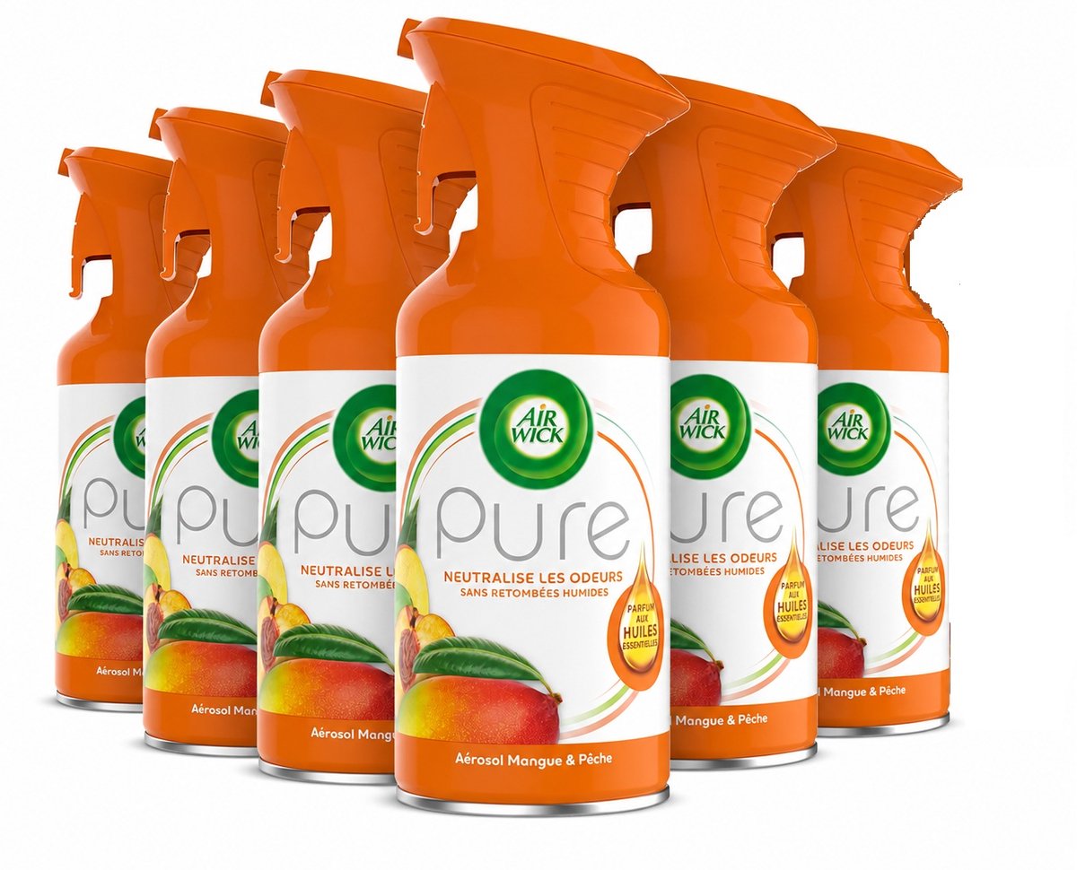 Air Wick Pure Mango & Perzik Luchtverfrisser Spray – 6 x 250 ml – Met Essentiële Oliën