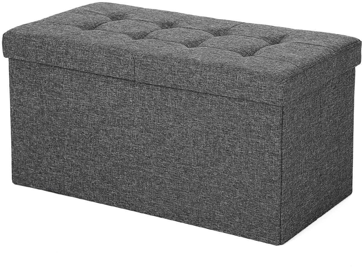 Opbergbank 76 x 38 x 38 cm grijs ruimtebesparend opvouwbaar ontwerp dubbelzijdig opklapbaar deksel 80 liter grote opbergruimte draagvermogen 300 kg comfortabele gewatteerde zitting stevige en duurzame constructie voor woonkamer inloopkast en hal