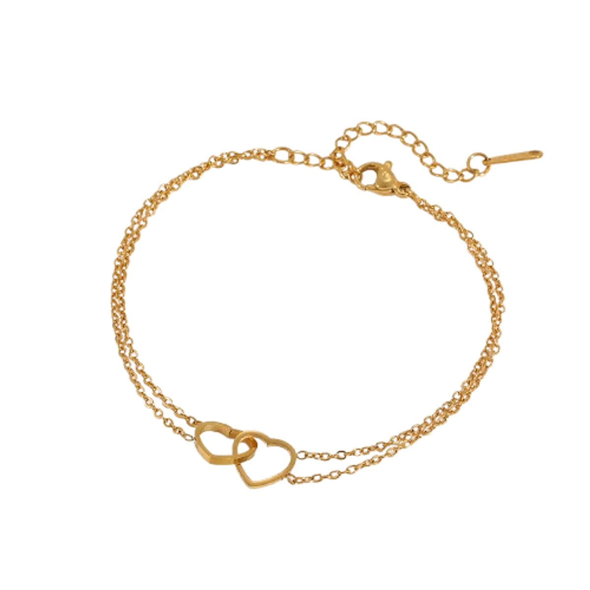 Plux Fashion Dubbele Hartjes Armband - Goud - 2mm/16cm + 5cm Verlengstuk - Hartje Armband - Armband Met Hartje - Hartjes Armband - Armband Hartje - Gouden Armband Dames - Armband Met Hanger - Gouden Hartje Armband - Moederdag Cadeau
