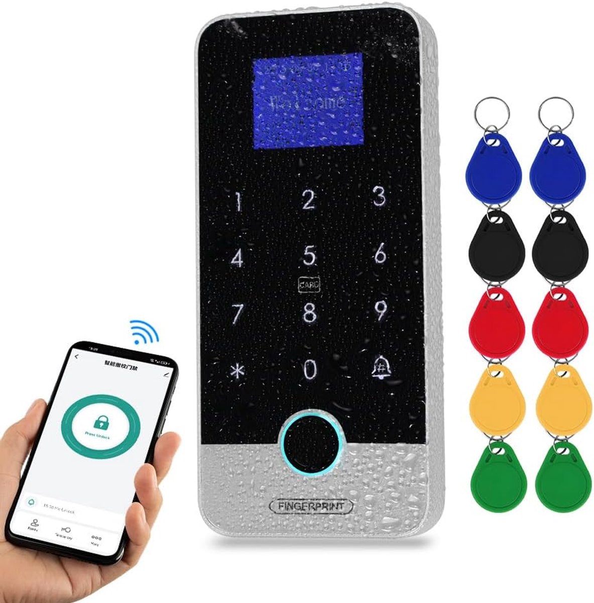 Bluetooth RFID toegangssysteem - vingerafdrukken en toetsenbord - IP65 waterproof - snelle identificatie met 10 keyfobs - ShopVlot
