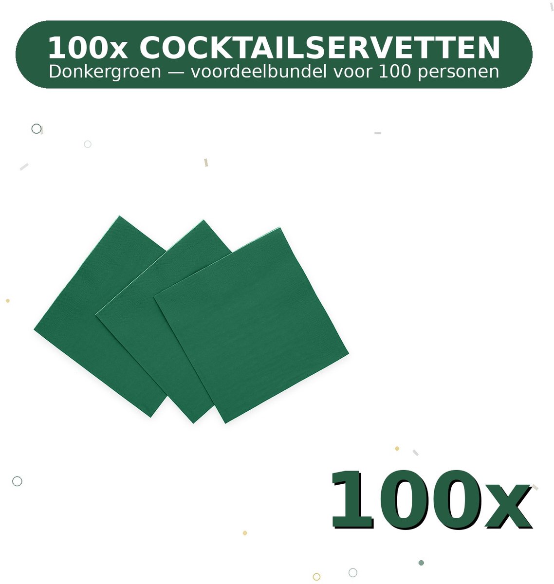 Cocktail servetten 24x24cm FSC Donkergroen - Voordeelverpakking 100 Stuks voor tot 100 Personen - Feestartikelen