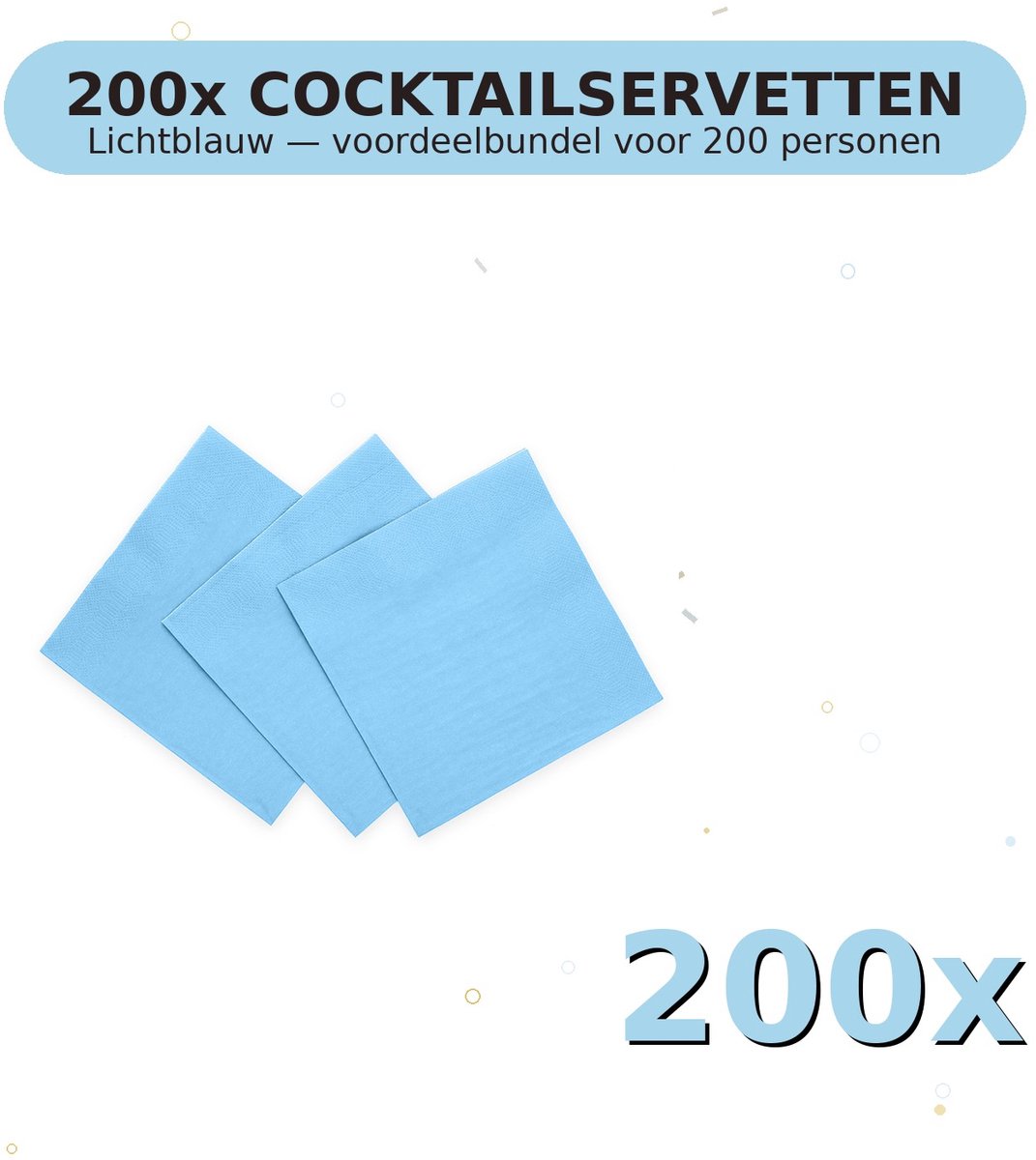 Cocktail servetten 24x24cm FSC Lichtblauw - Voordeelverpakking 200 Stuks voor tot 200 Personen - Feestartikelen