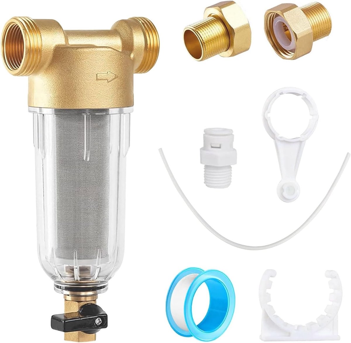 Herbruikbaar waterfilter met combinatie van 1"&G3/4"MNPT+G3/4" voor sediment- en fijnfilter, inclusief adapter en spoelfunctie voor optimale waterzuivering