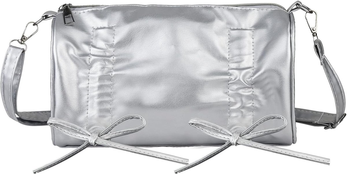 Trendy kussenvormige schoudertas voor dames, crossbody tas met ritssluiting, kunstleer, strikversiering en afneembare schouderriem