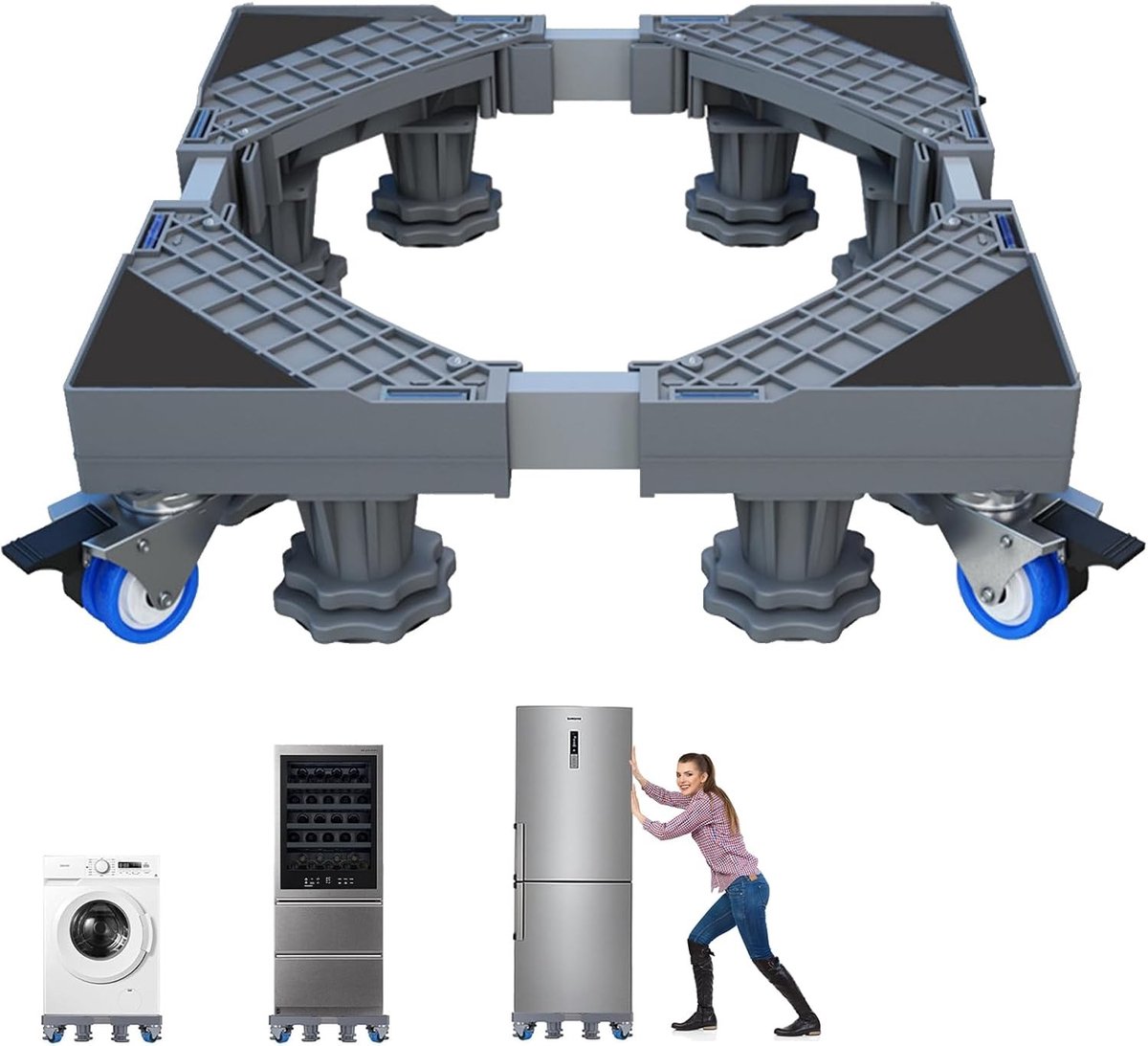 Verstelbaar telescopisch koelkastrek voor elektrische apparaten, trillingsarme waswagen met 4 draaibare wielen, ideale sokkel voor meubels en wasdrogerhouder