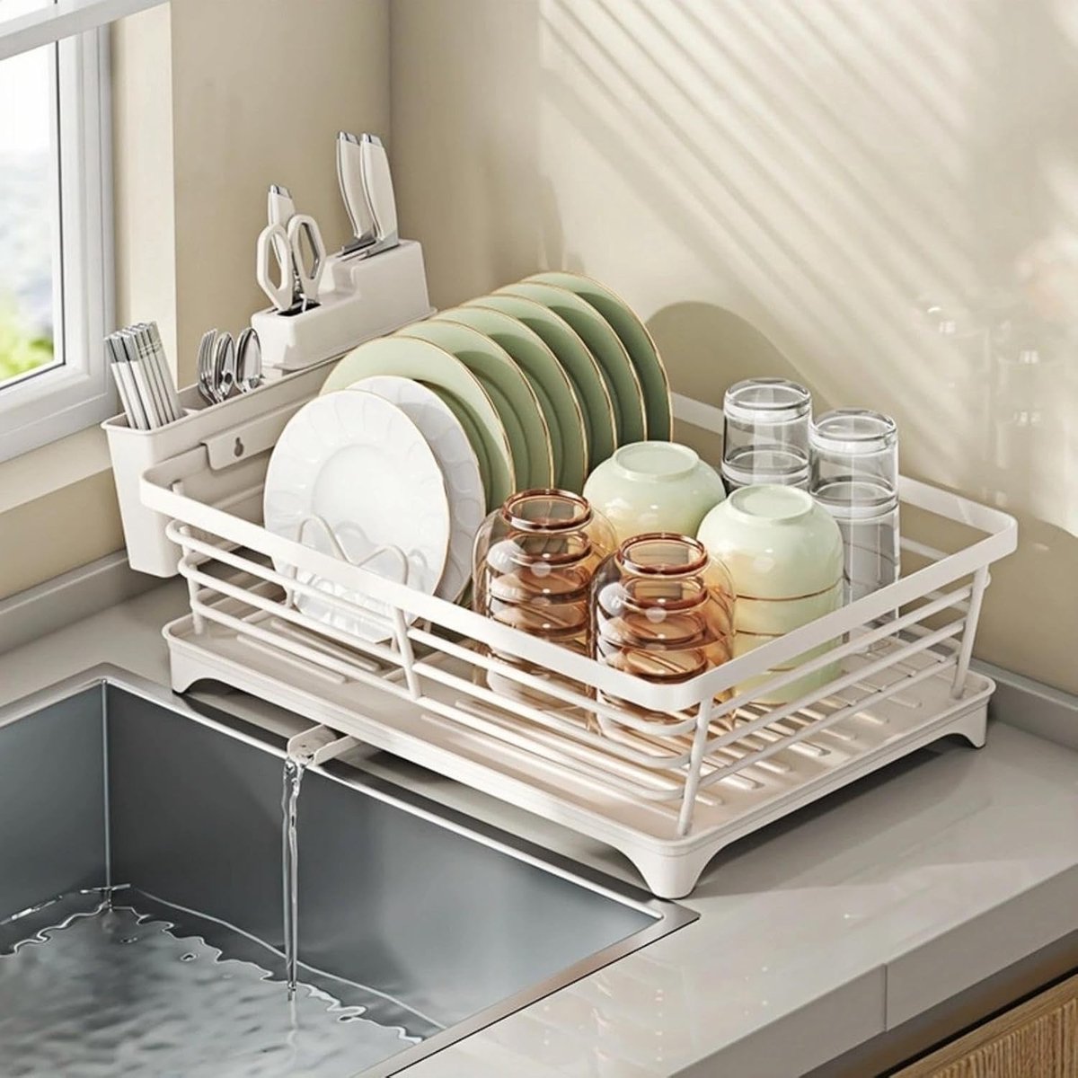 Ruimtebesparende RVS Afwasrek met Houder voor Etenstokken en Afwateringsgoot voor Borden, Kommen, Bestek en Bekers