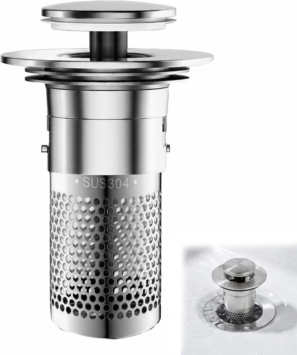 Pop-up afvoerzeef voor badkamer en keuken, universele metalen stop van 304 roestvrij staal, geschikt voor wastafels met een diameter van 32-40 mm, voorkomt verstoppingen en vuil.
