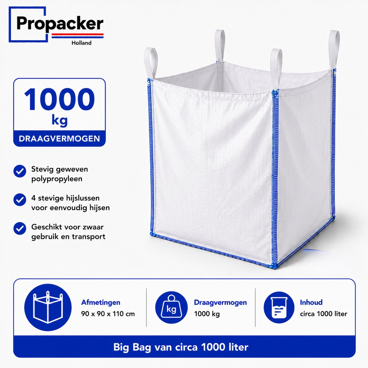 Big Bag 90x90x110 cm – 1000 kg – Stevige Bulkzak voor Bouwafval, Zand en Tuinafval - Propacker