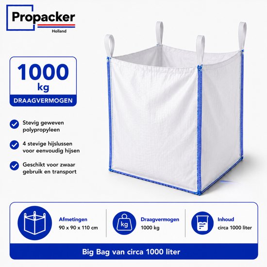 Witte big bag (90x90x110 cm) met blauwe naden, 4 lussen, draagvermogen 1000 kg. Stevig polypropyleen.