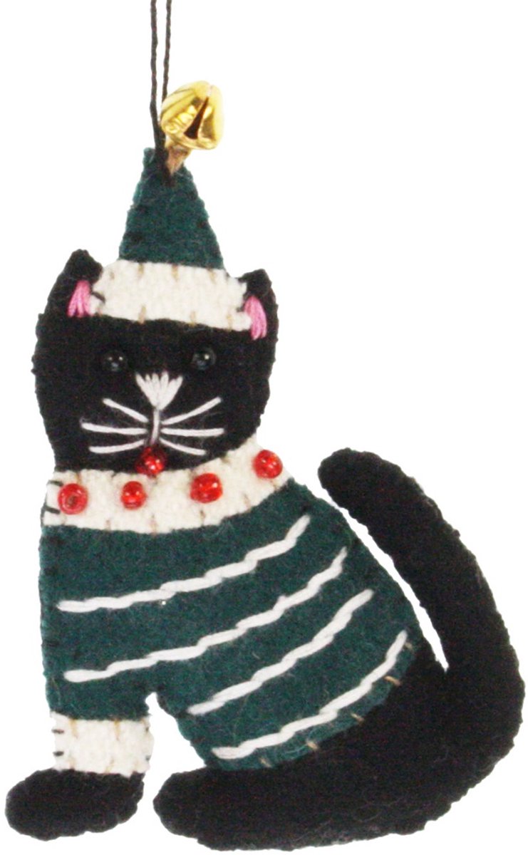 Kat zittend met kerstmuts groen/ zwart, vilt 5x1x7cm
