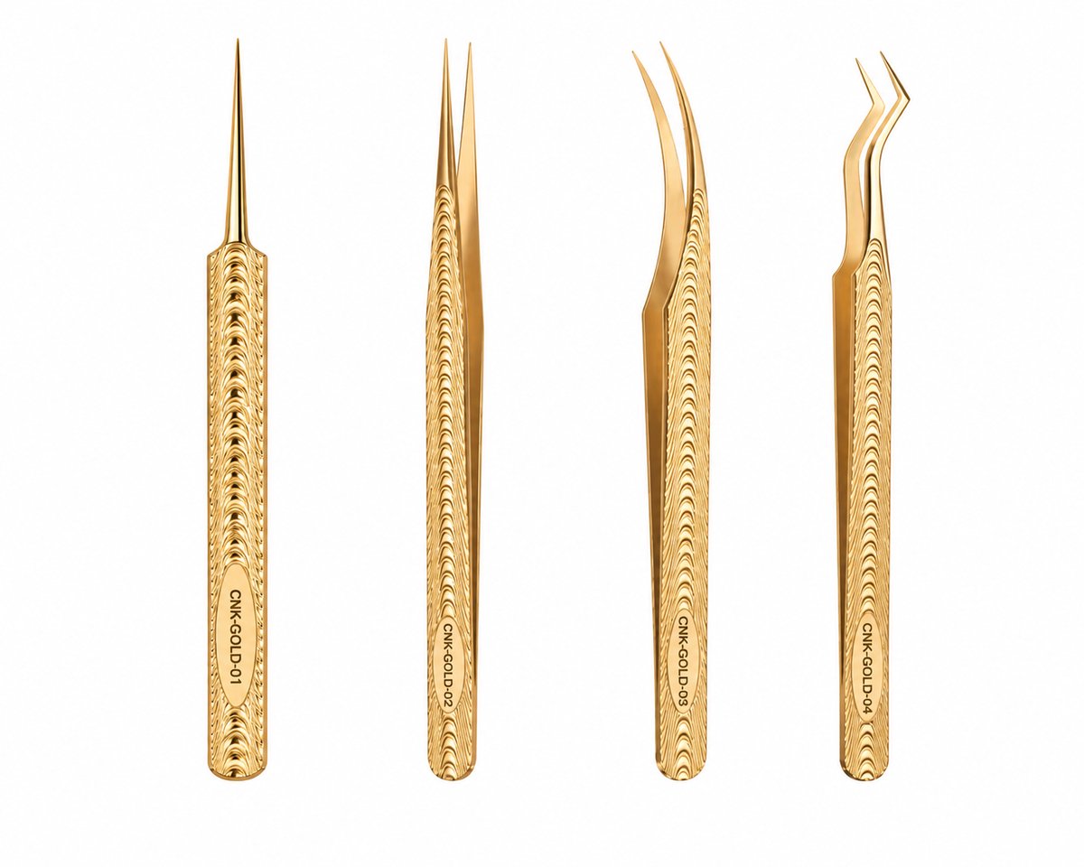 CNK Gold Collection – 4-Delige Professionele Pincettenset voor Wimperextensions – Hybrid Lash Set – One by One & Volume – Goud