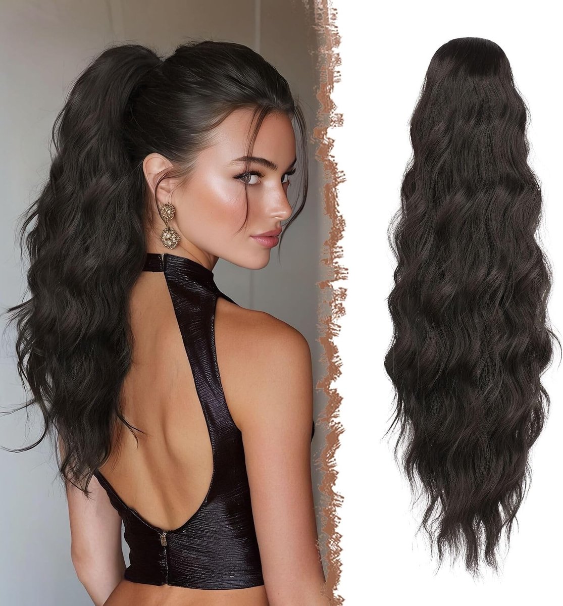 Lang Haarstuk met Kam voor een Natuurlijke Zwarte Ponytail - Krullend en Golvend Haar, 60 cm - Haarextensions voor Dames
