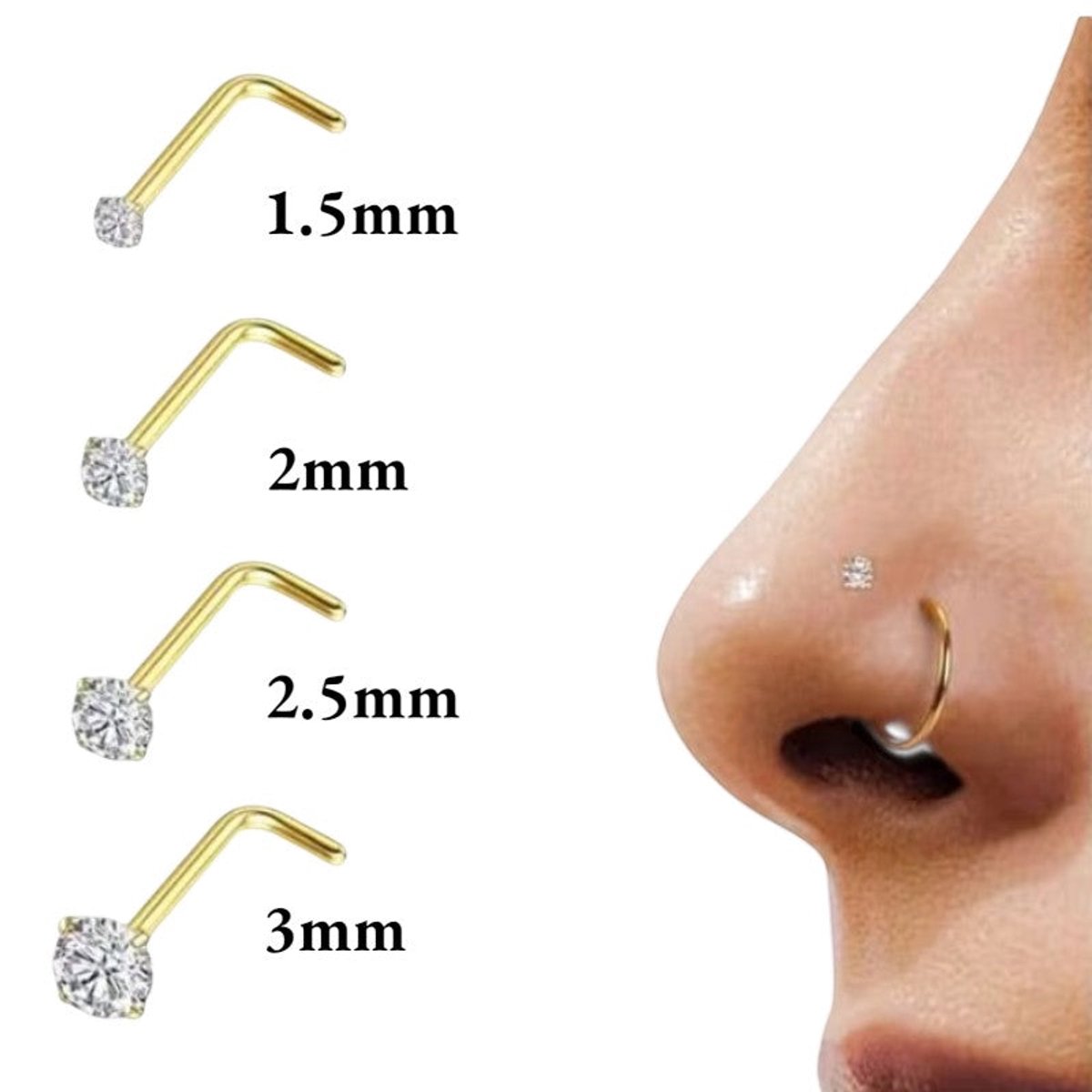 Goudkleurige Neuspiercing Transparante Zirkonia – L-Staafje - 1.5mm