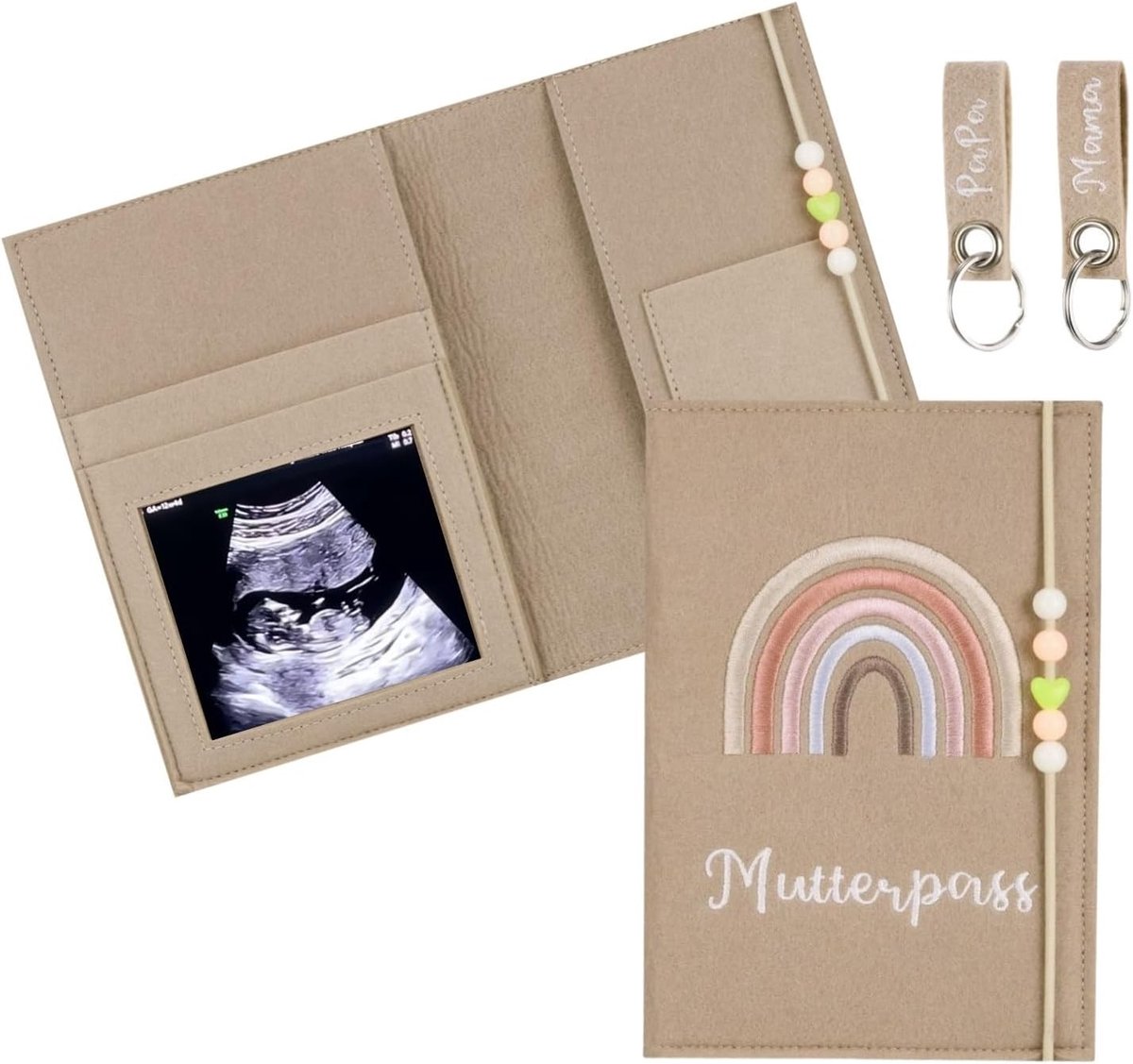 Multifunctionele tas voor zwangerschapsboekje, met 4 binnenvakken, receptenhouder en sleutelhangers, ideaal voor aanstaande moeders, caramelkleurig