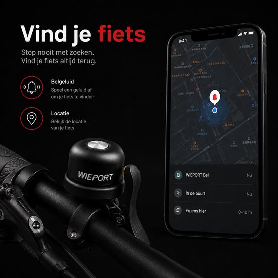 Zwarte fietsbel met zilveren knop naast een smartphone die een fietslocatiemap toont, met tekst "Vind je fiets".