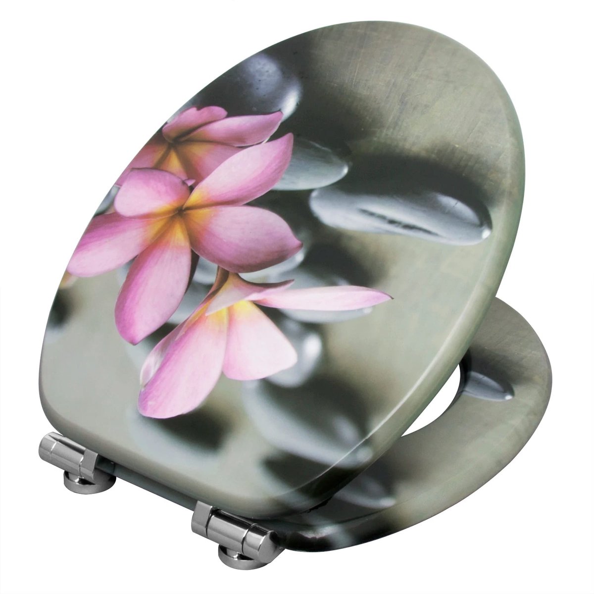 Klarven® Toiletbril Roze bloem op stenen - Soft-close Sluiting, Stille Demping - Gemakkelijk Schoon te Maken, Draagvermogen 150 kg - O-vorm B 45,5 x D 37,1 cm